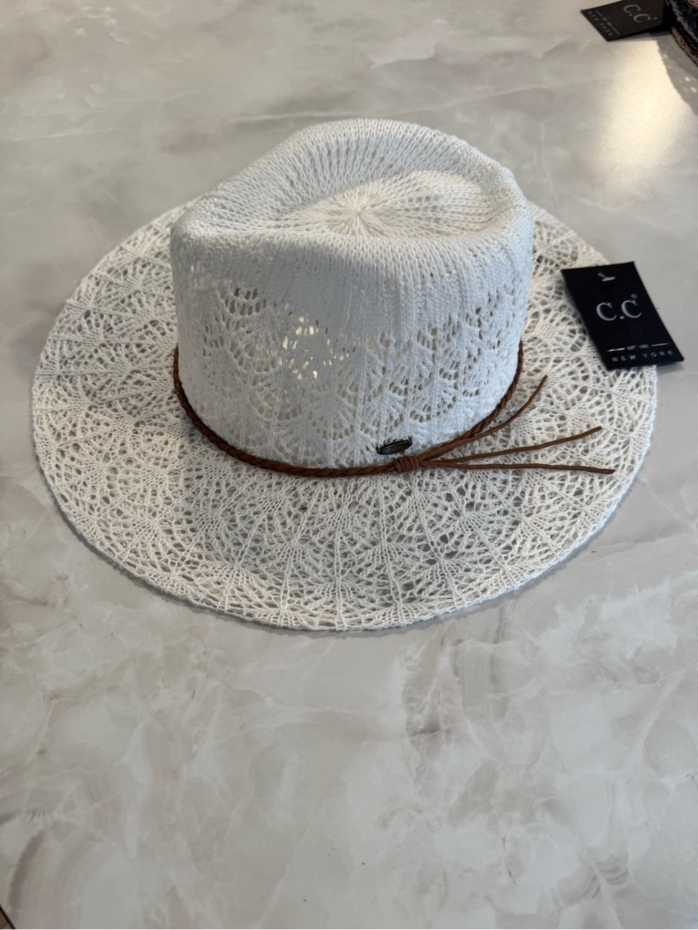 C.C White Crochet Sun Hat with Brown Braided Band